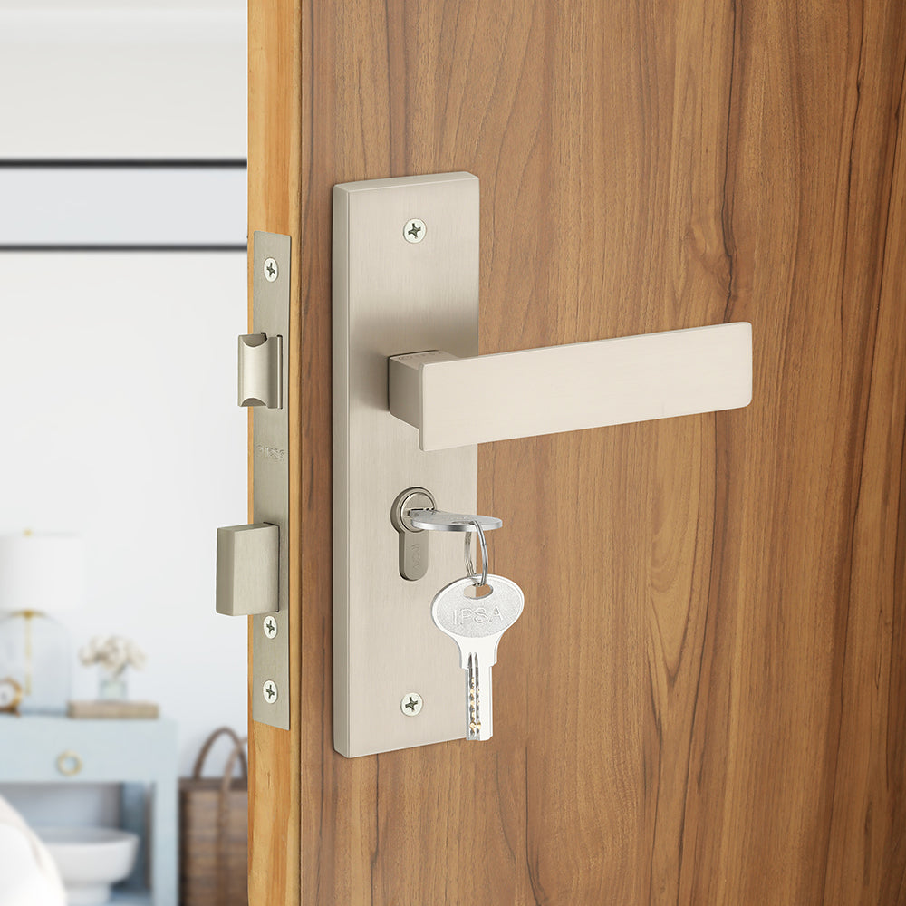 IPSA Sage Moderna Handle Series on 8" Plate CYS Lockset with 60mm One Side Key and Knob - Matte Satin Nickel Finish MSS